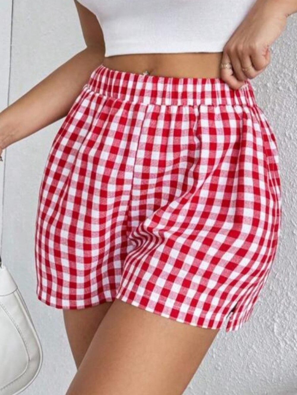 SHEIN Red & White Gingham Elastic-Waist Shorts